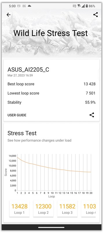 Bài test Wild Life Stress Test trên ứng dụng 3DMark của ASUS ROG Phone 7