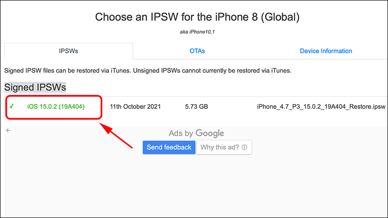 Phiên bản iOS được hạ cấp sẽ có màu xanh lá và đi kèm dấu tick
