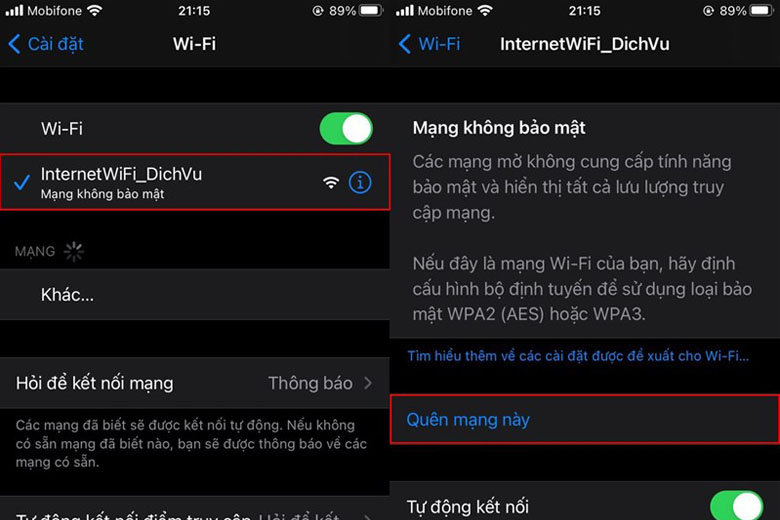 Xóa mạng WiFi đã kết nối trên iPhone