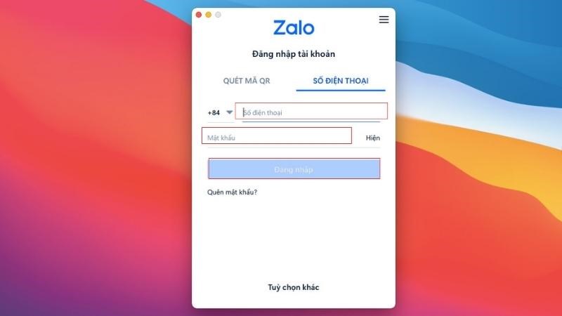 đăng nhập zalo bằng số điện thoại và mật khẩu