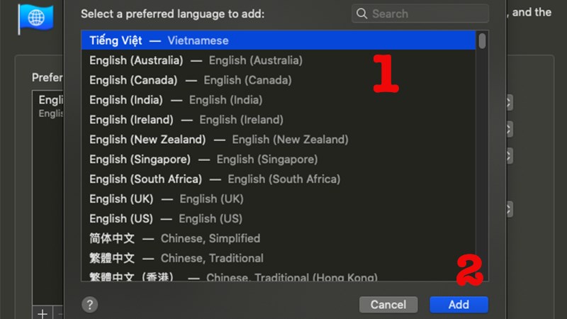 Nhấn Add để thêm ngôn ngữ